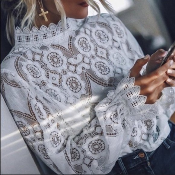 Boho Long Sleeve Stand Collar Lace Blouse White - Picture 2 of 8